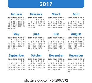 Calendar 2017 year isolated on a white background. Week starts sunday. Vector design template