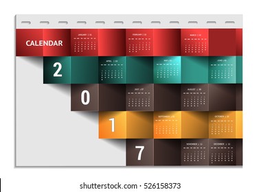 Calendar for 2017 year January-December .Can use for cover design,stationery template,planner,diary,souvenir,yearly calendar,banner sale and timeline.Origami paper concept vector illustration