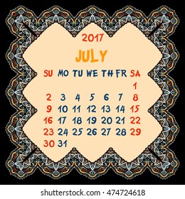 Calendar for 2017 Year. July, Vector Design Print Template with Oriental colorful frame. Islam, Arabic, Indian, ottoman motifs. Vintage decorative element.
