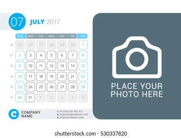 Calendar for 2017 Year. July. Vector Design Print Template with Place for Photo, Logo and Contact Information. Week Starts on Sunday. Calendar Grid with Week Numbers