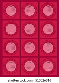Calendar for 2017 year with mandalas and text placed in a circle. Week Starts Sunday. Vector Template.
