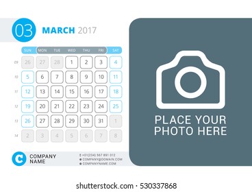 Calendar for 2017 Year. March. Vector Design Print Template with Place for Photo, Logo and Contact Information. Week Starts on Sunday. Calendar Grid with Week Numbers