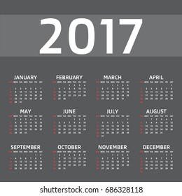 Calendar for 2017 Year on dark gray background