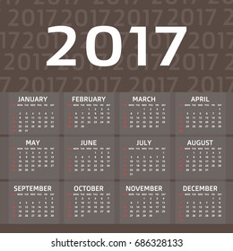 Calendar for 2017 Year on dark brown background