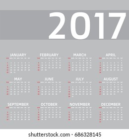 Calendar for 2017 Year on light gray  Background