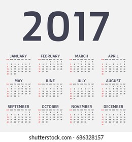 Calendar for 2017 Year on light gray background