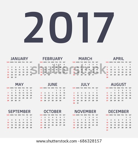 Calendar for 2017 Year on light gray background