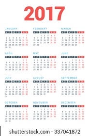 Calendar for 2017 Year on White Background. Week Starts Monday. Vector Design Print Template