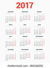 Calendar for 2017 Year on White Background. Week Starts Monday. Simple Vector Template. Stationery Design Template