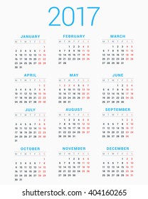 Calendar for 2017 Year on White Background. Week Starts Monday. Simple Vector Template. Stationery Design Template