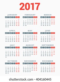 Calendar for 2017 Year on White Background. Week Starts Monday. Simple Vector Template. Stationery Design Template