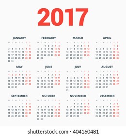 Calendar for 2017 Year on White Background. Week Starts Monday. Simple Vector Template. Stationery Design Template