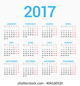 Calendar for 2017 Year on White Background. Week Starts Monday. Simple Vector Template. Stationery Design Template