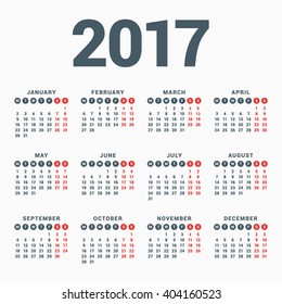 Calendar for 2017 Year on White Background. Week Starts Monday. Simple Vector Template. Stationery Design Template