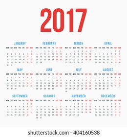 Calendar for 2017 Year on White Background. Week Starts Monday. Simple Vector Template. Stationery Design Template