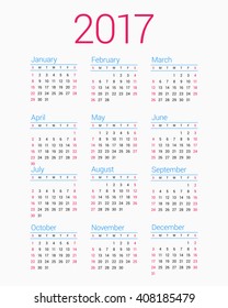 Calendar for 2017 Year on White Background. Week Starts Sunday. Simple Vector Template. Stationery Design Template