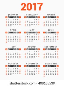 Calendar for 2017 Year on White Background. Week Starts Sunday. Simple Vector Template. Stationery Design Template