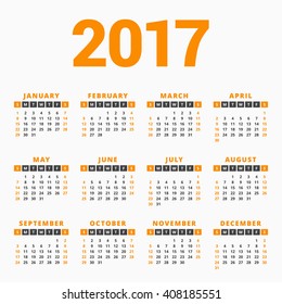 Calendar for 2017 Year on White Background. Week Starts Sunday. Simple Vector Template. Stationery Design Template