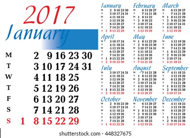 Calendar for 2017 year on white background. Vector image