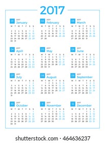 Calendar for 2017 year on white background. Vector design print template. Week starts Monday. Stationery design