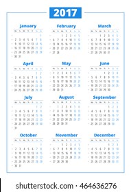 Calendar for 2017 year on white background. Vector design print template. Week starts Monday. Stationery design