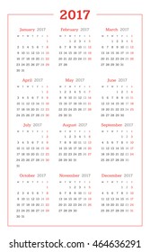 Calendar for 2017 year on white background. Vector design print template. Week starts Monday. Stationery design