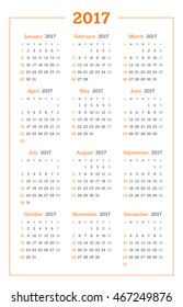 Calendar for 2017 year on white background. Vector design print template. Week starts Sunday. Stationery design