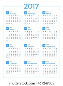 Calendar for 2017 year on white background. Vector design print template. Week starts Sunday. Stationery design
