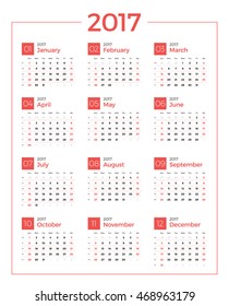 Calendar for 2017 year on white background. Vector design print template. Week starts Sunday. Stationery design