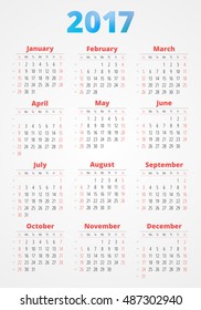 Calendar for 2017 year on white background. Vector design print template. Week starts Sunday. Stationery design