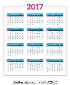 Calendar for 2017 year on white background. Vector design print template. Week starts Sunday. Stationery design