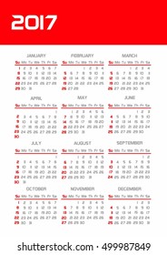 Calendar for 2017 Year on White Background. Week Starts Monday. Vector Design Print Template