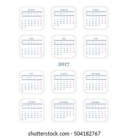  Calendar for 2017 year on white background.Starts monday. 