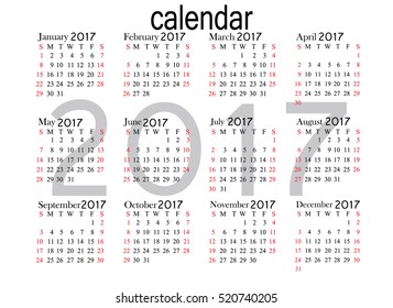 Calendar for 2017 year on white background. Vector EPS10.