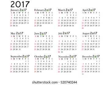 Calendar for 2017 year on white background. Vector EPS10.