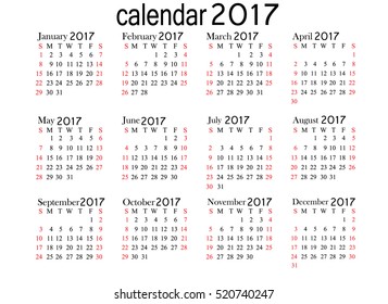 Calendar for 2017 year on white background. Vector EPS10.