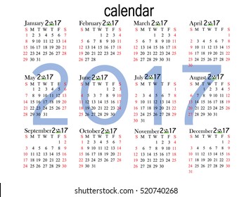 Calendar for 2017 year on white background. Vector EPS10.