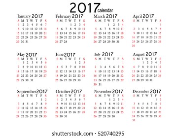 Calendar for 2017 year on white background. Vector EPS10.