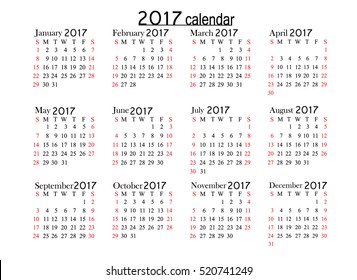 Calendar for 2017 year on white background. Vector EPS10.