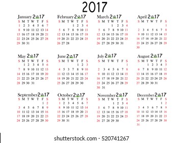 Calendar for 2017 year on white background. Vector EPS10.