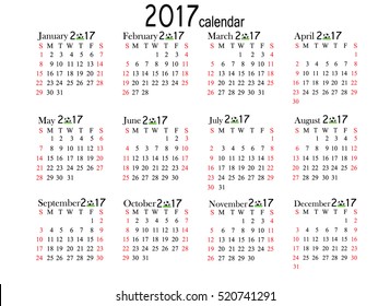 Calendar for 2017 year on white background. Vector EPS10.