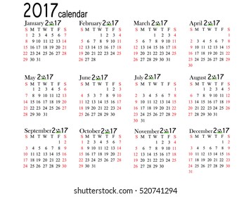 Calendar for 2017 year on white background. Vector EPS10.