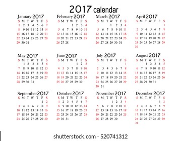 Calendar for 2017 year on white background. Vector EPS10.