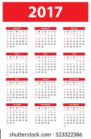 Kalender für das Jahr 2017 auf weißem Hintergrund. Die Woche beginnt am Sonntag. Einfache Rot-Design-Kalender. Vektordruckvorlage