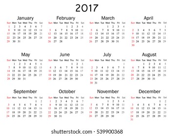 Calendar for 2017 year on white background. Vector EPS10.