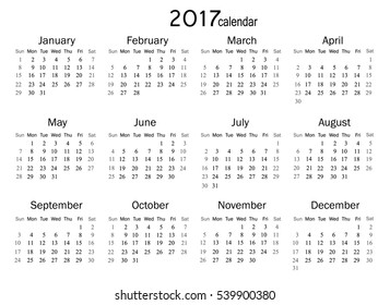 Calendar for 2017 year on white background. Vector EPS10.
