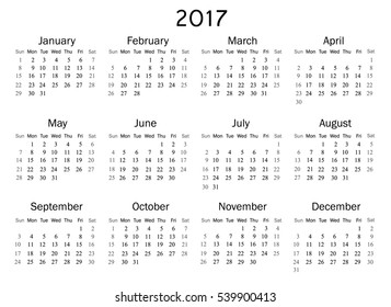 Calendar for 2017 year on white background.