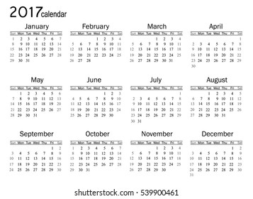 Calendar for 2017 year on white background. Vector EPS10. 