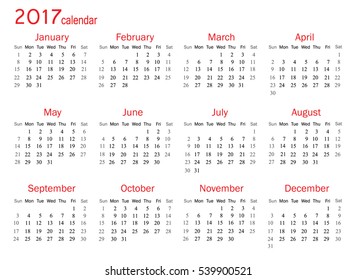 Calendar for 2017 year on white background.