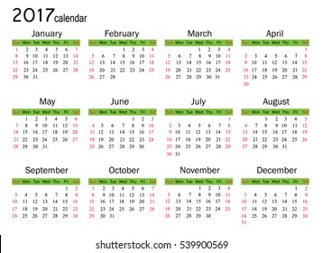 Calendar for 2017 year on white background. Vector EPS10.